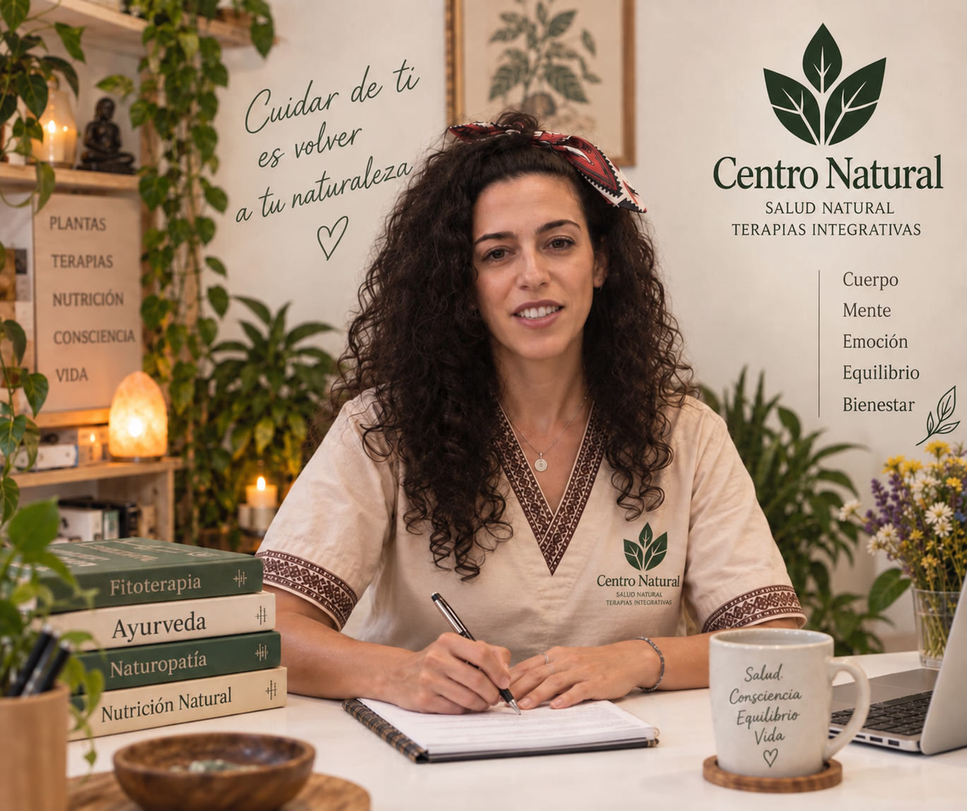 Silvia Alonso en consulta, junto a libros de naturopatía y nutrición natural
